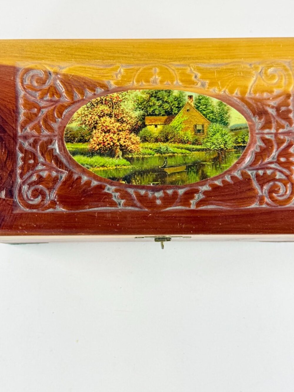 Vintage Cedar Wood Hand Carved Trinket Box w/Cottage Scene Treasure Chest